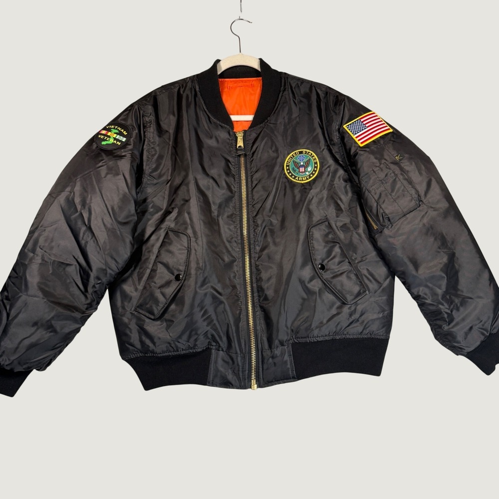 Rothco MA-1 Bomber Jacket Mens M Black Army Vietnam Veteran Patches Flight Coat